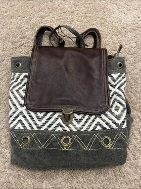 Myra Bag Brown Leather Flap & Patterned Canvas Backpack